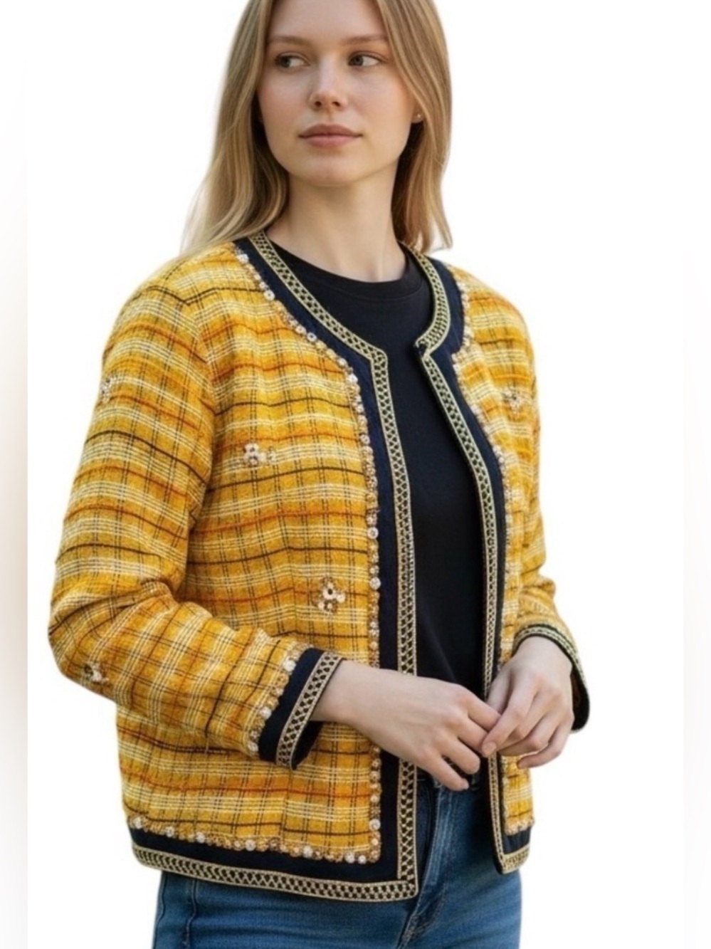 Alex Kim Vtg. Embellished Plaid Open Front Jacket Yellow, Black, Beaded Missy L - Picture 1 of 13